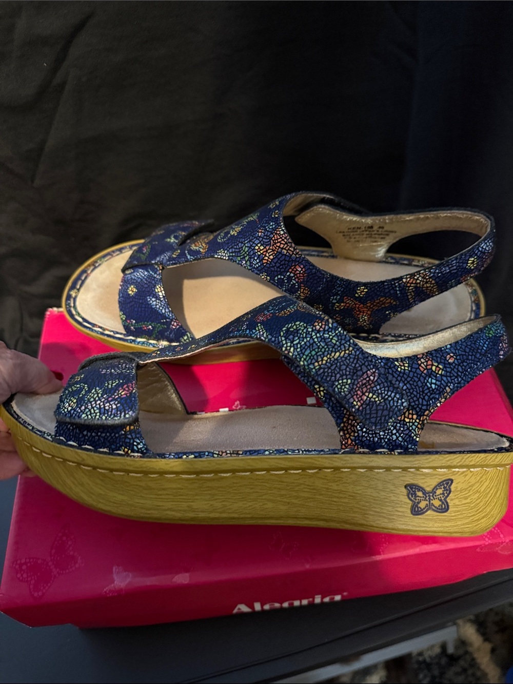 Alegria Blue Mosaic Platform Sandals with Yellow Platform